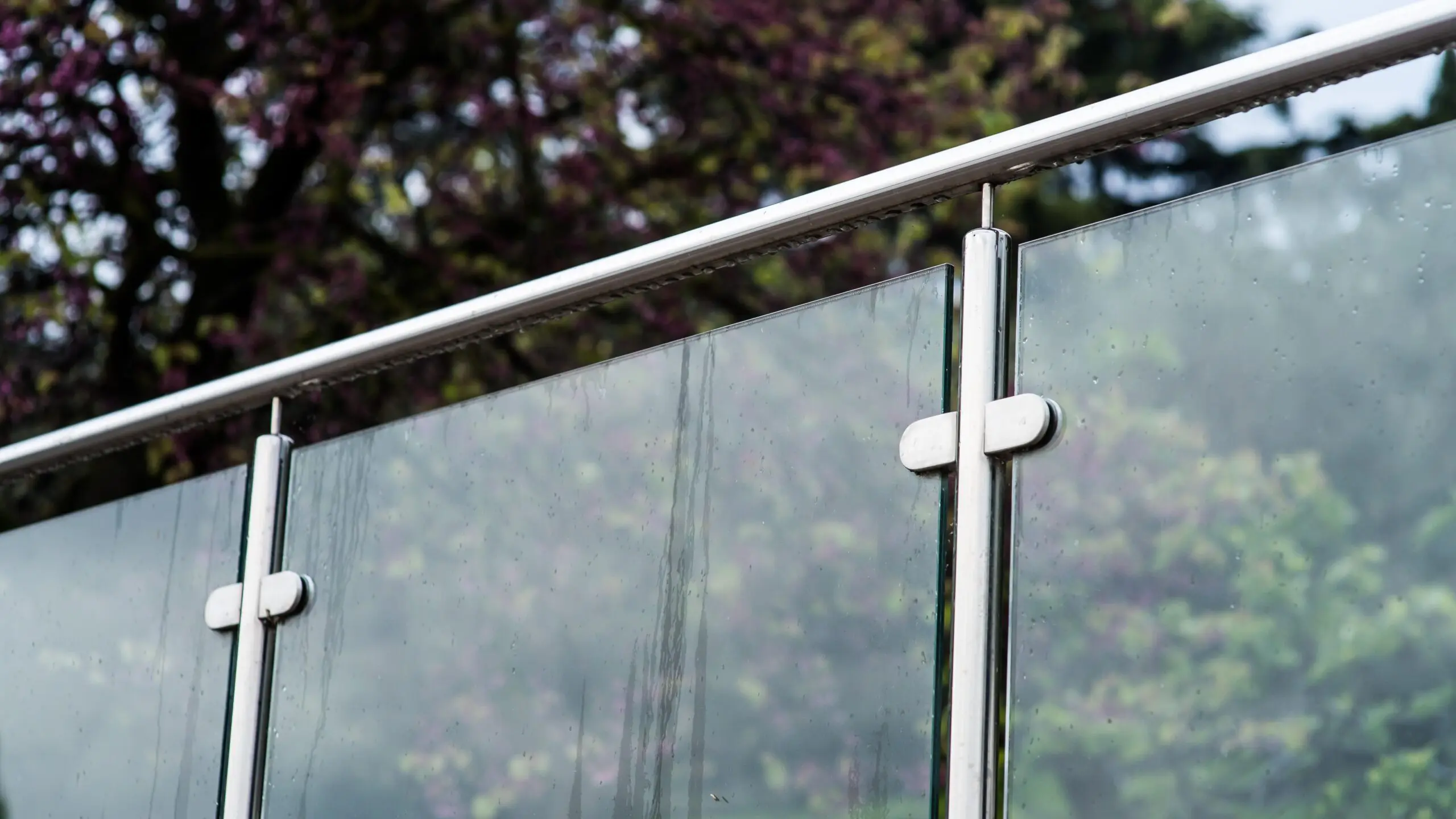 Close-up view of outdoor glass railings