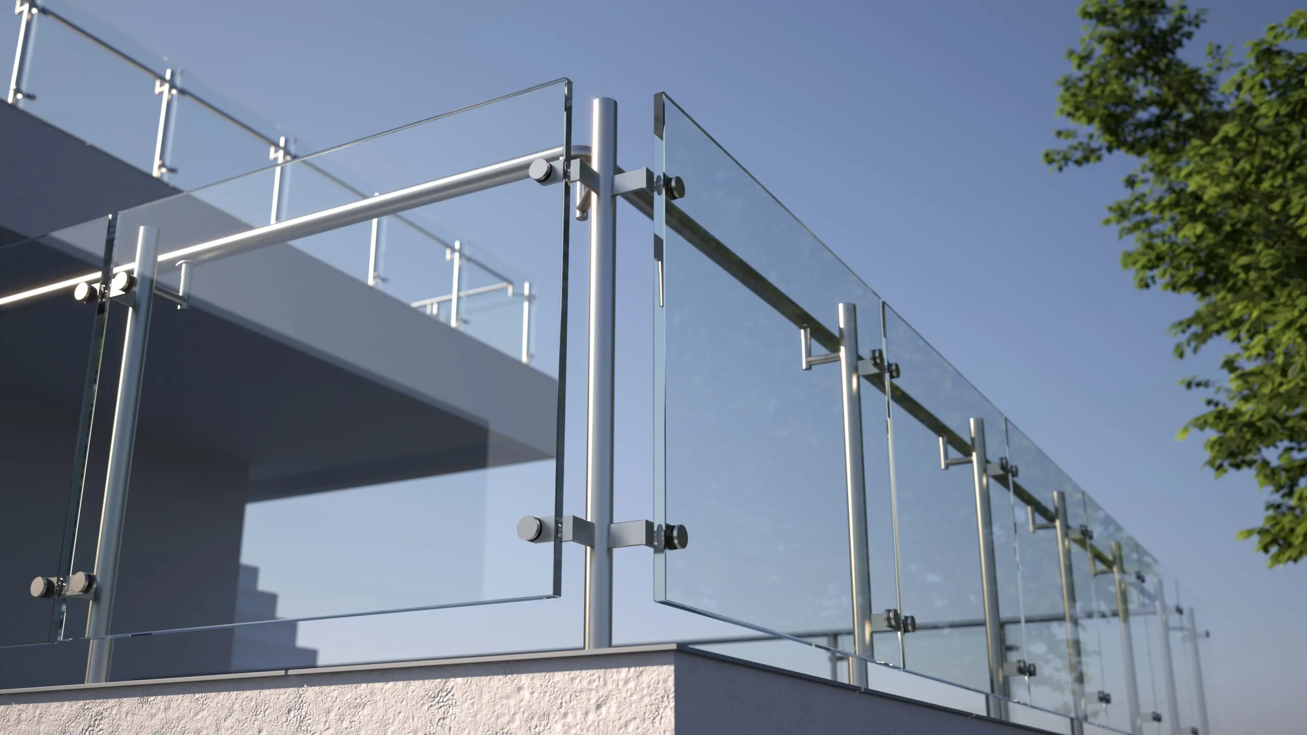 There is a view of glass railings on a balcony