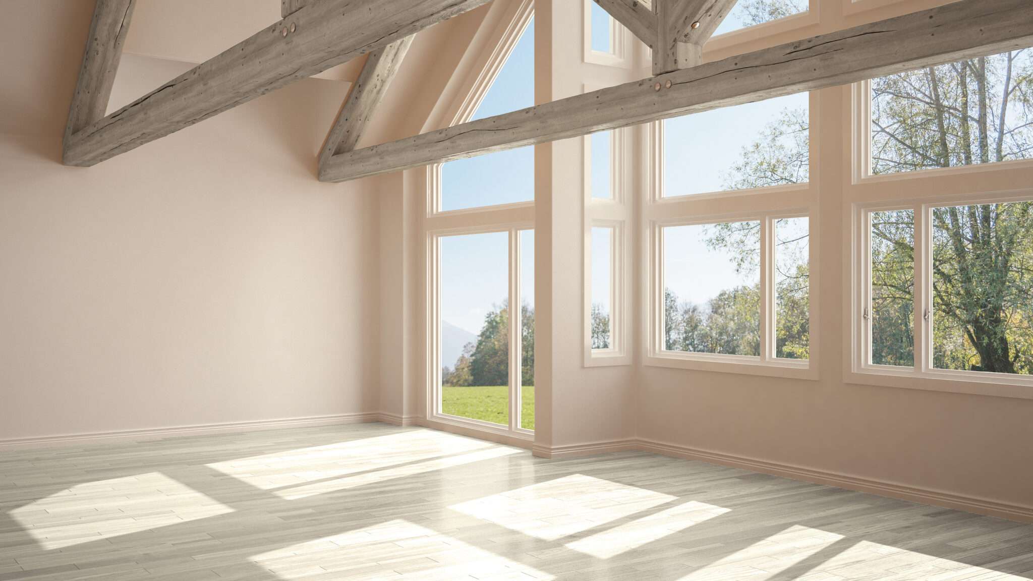 Large windows and door with glass in empty room with wood beams