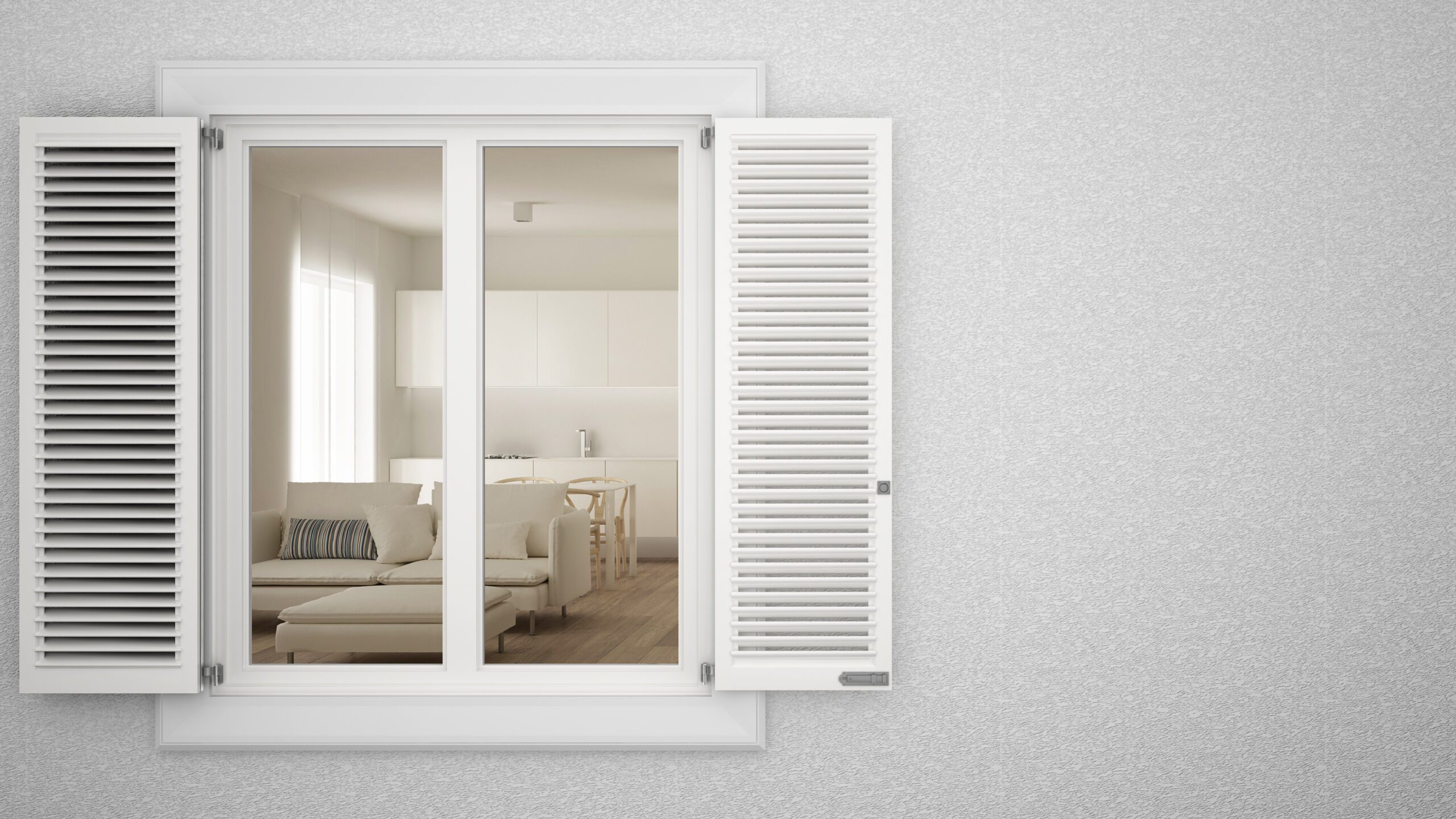 Window with shutters on outside of plaster wall