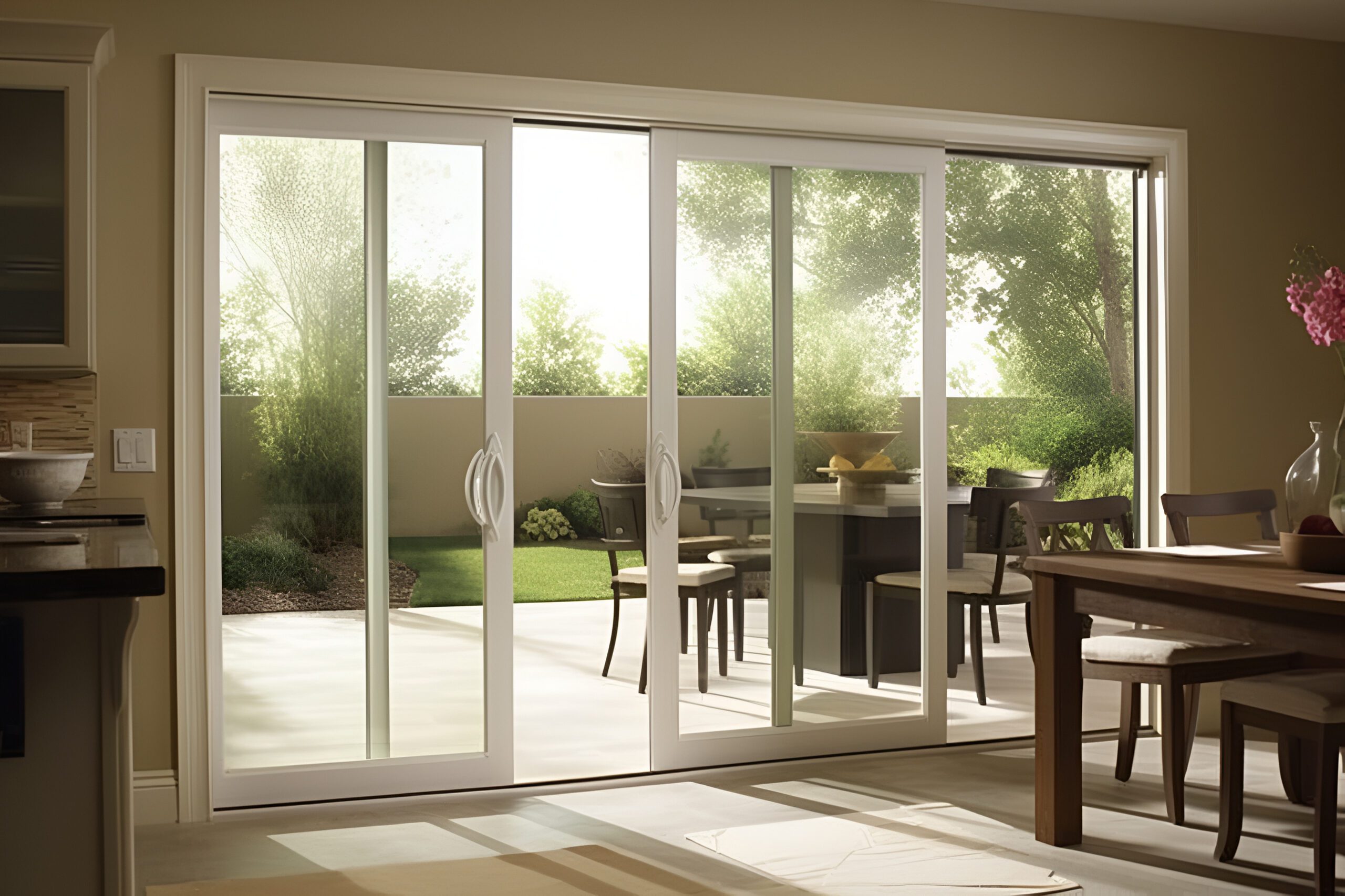 Outdoor space with large sliding patio door next to dining room
