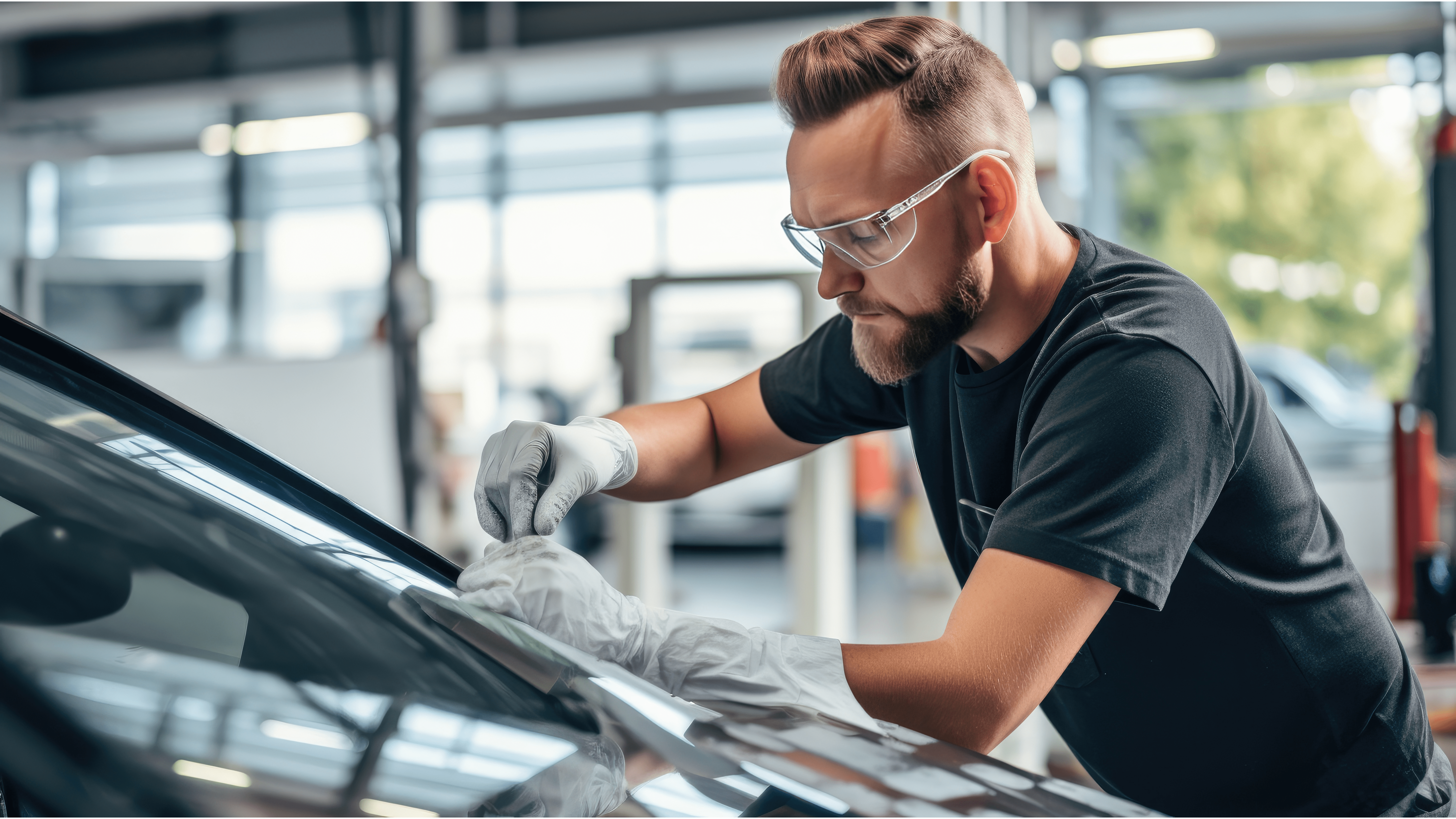 Glass technician replacing windshield