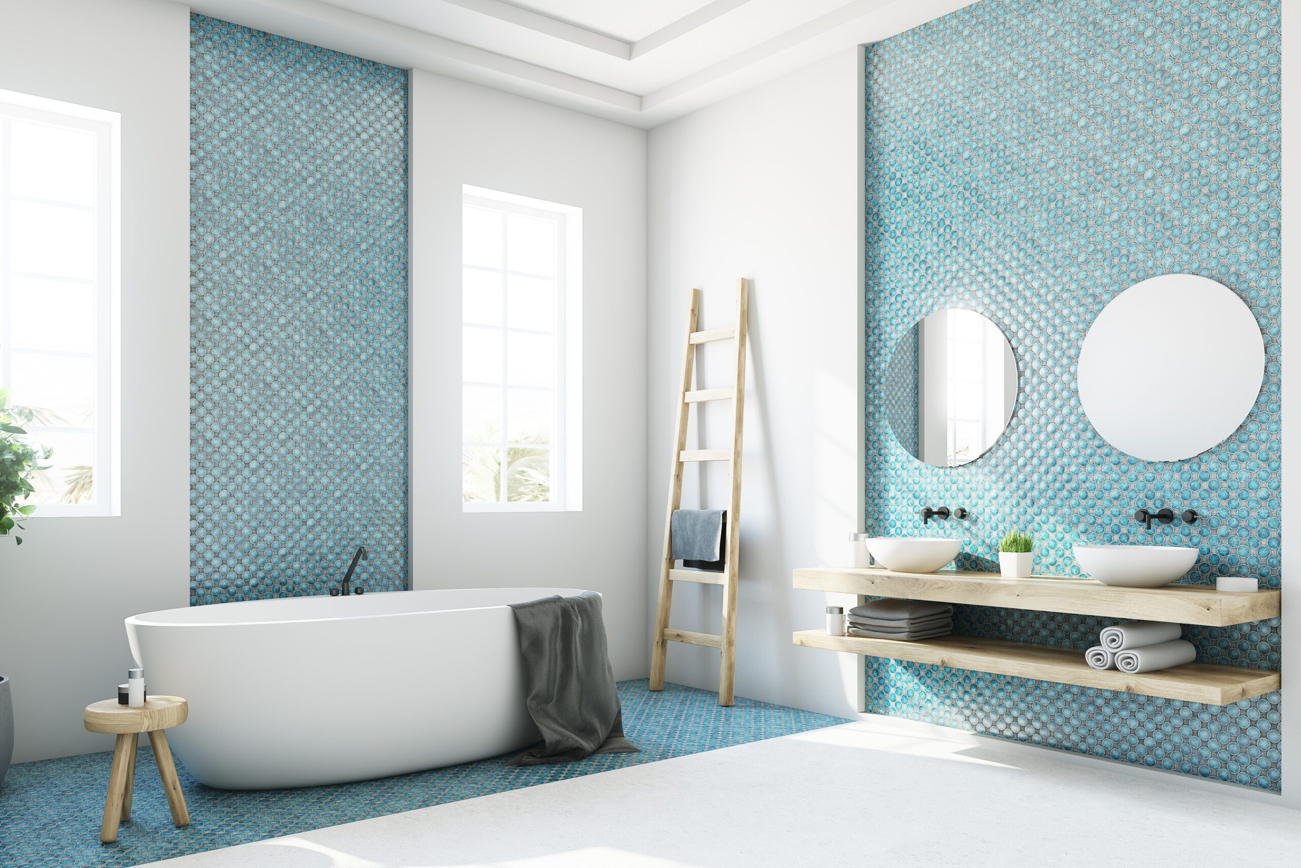 Windows and mirrors glass replacements in blue and white bathroom