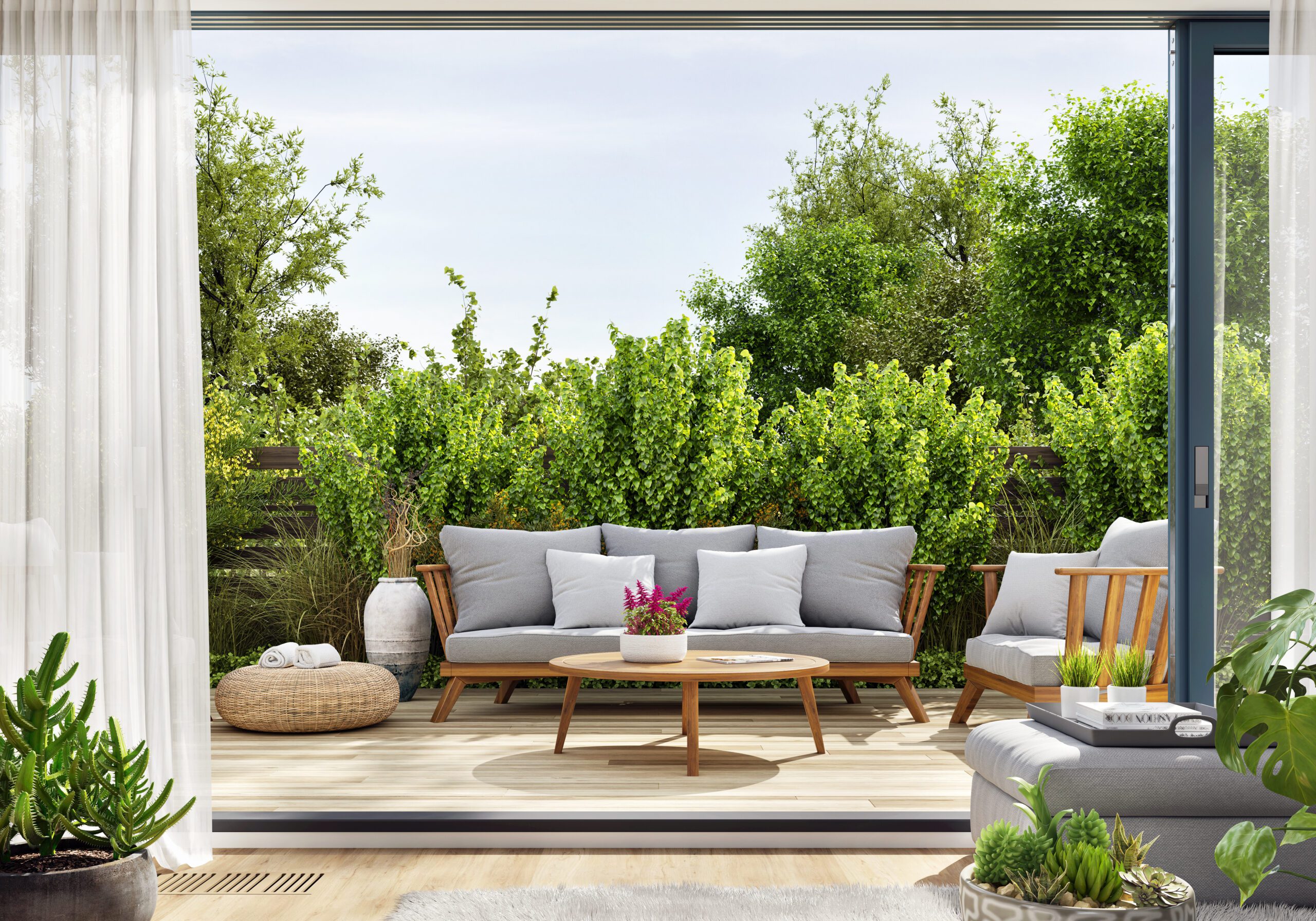 Outdoor space with large sliding patio door next to dining room