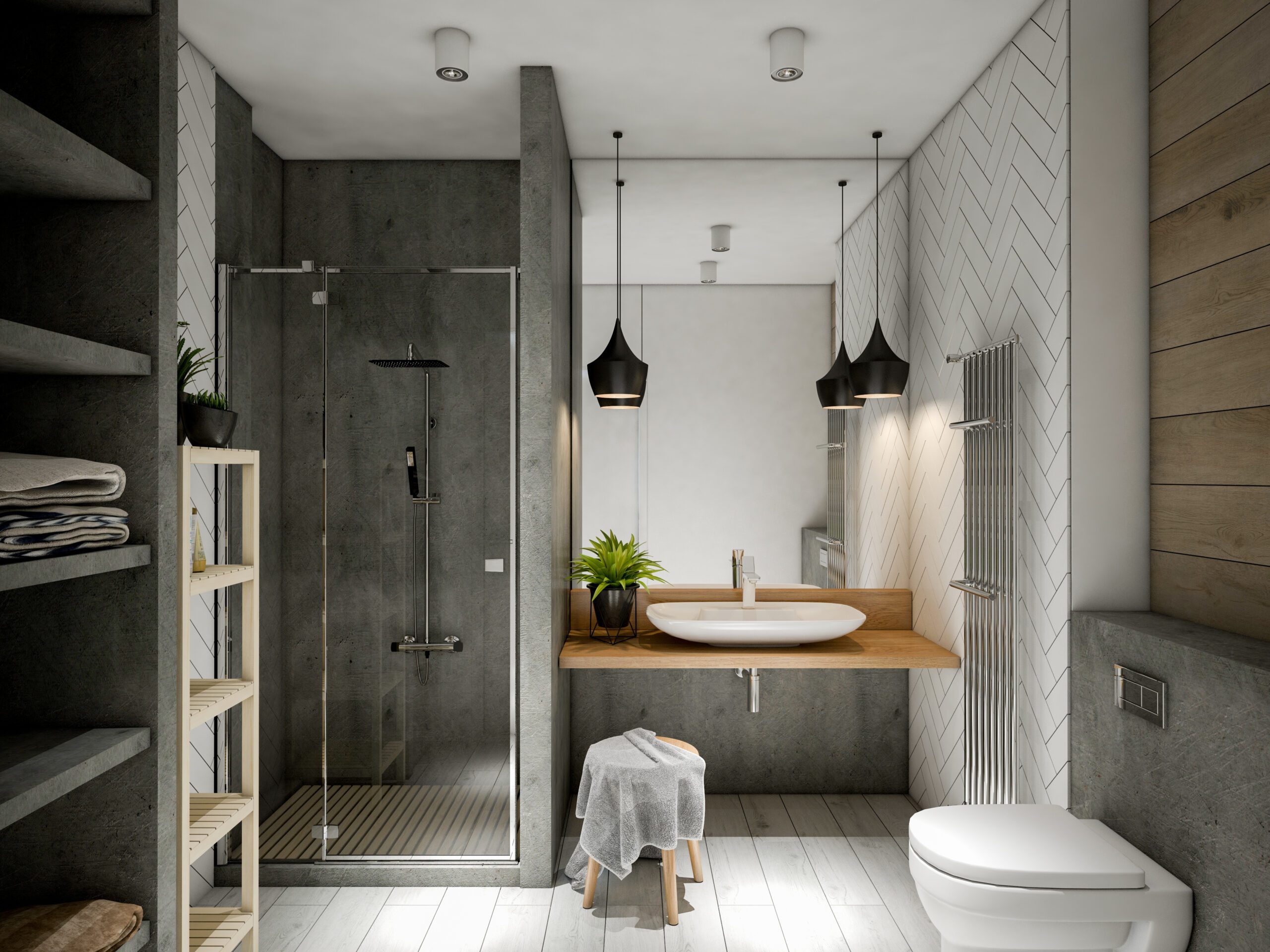 Dark modern bathroom with framed shower door enclosure