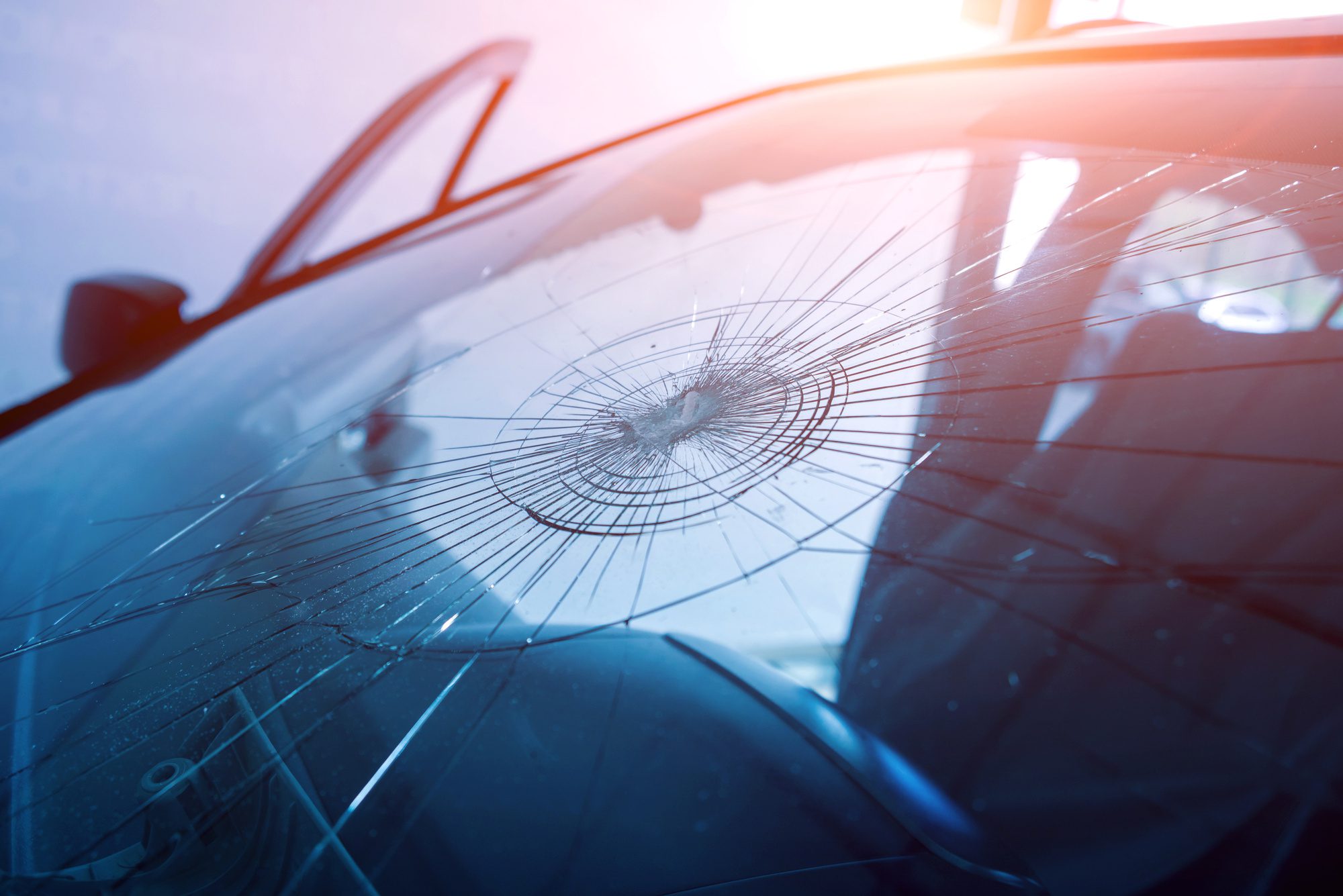 Closeup of a cracked windshield