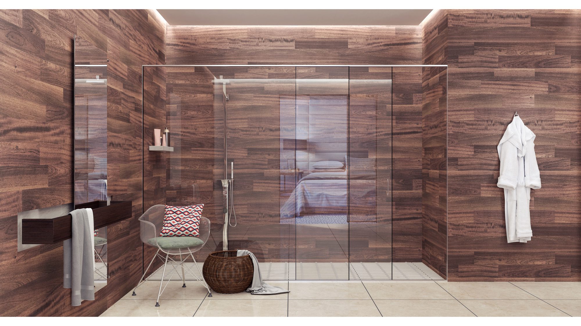 Wood-paneled bathroom with large glass shower doors