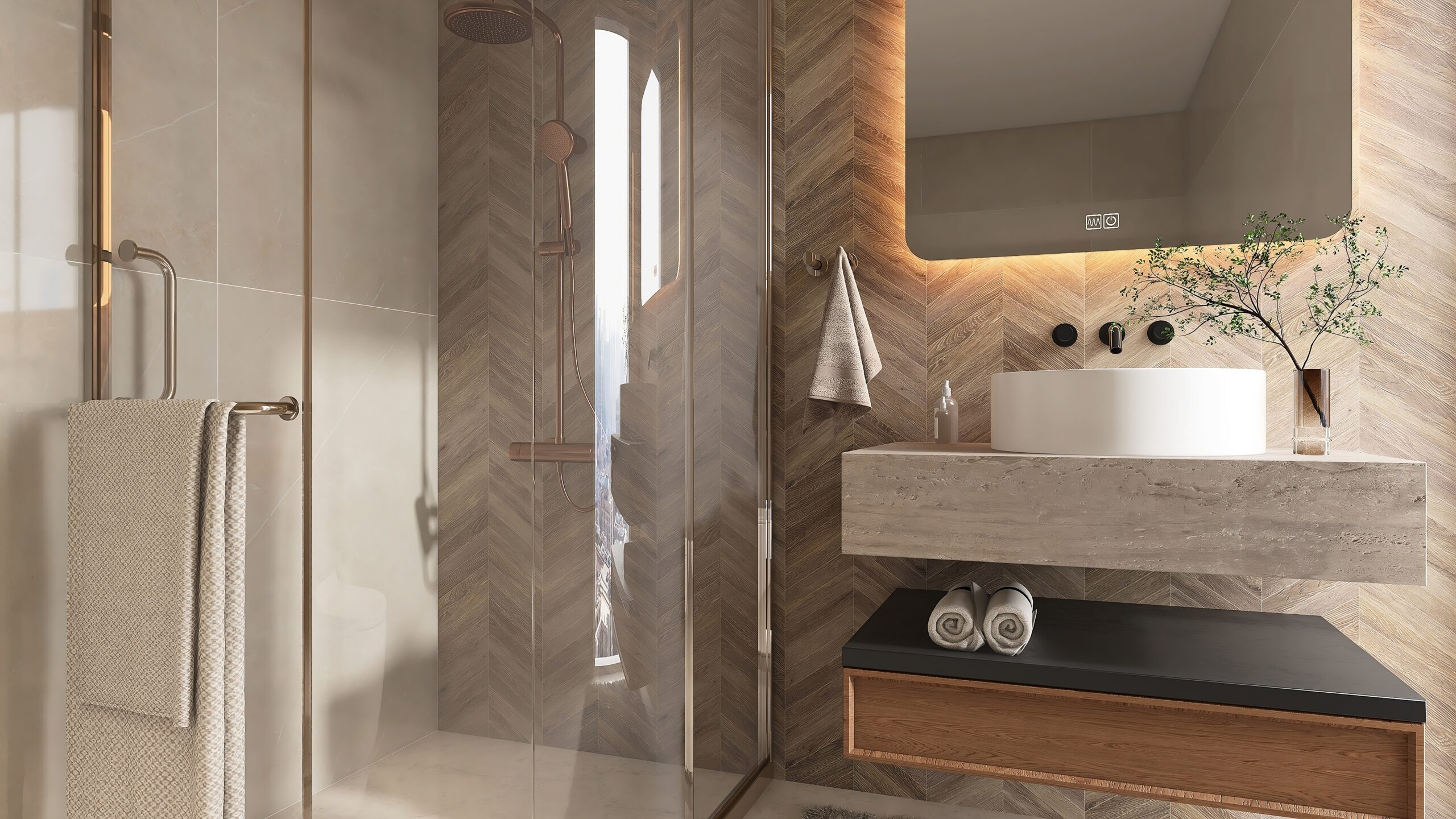 Close view of a luxurious bathroom with a glass shower enclosure to one side