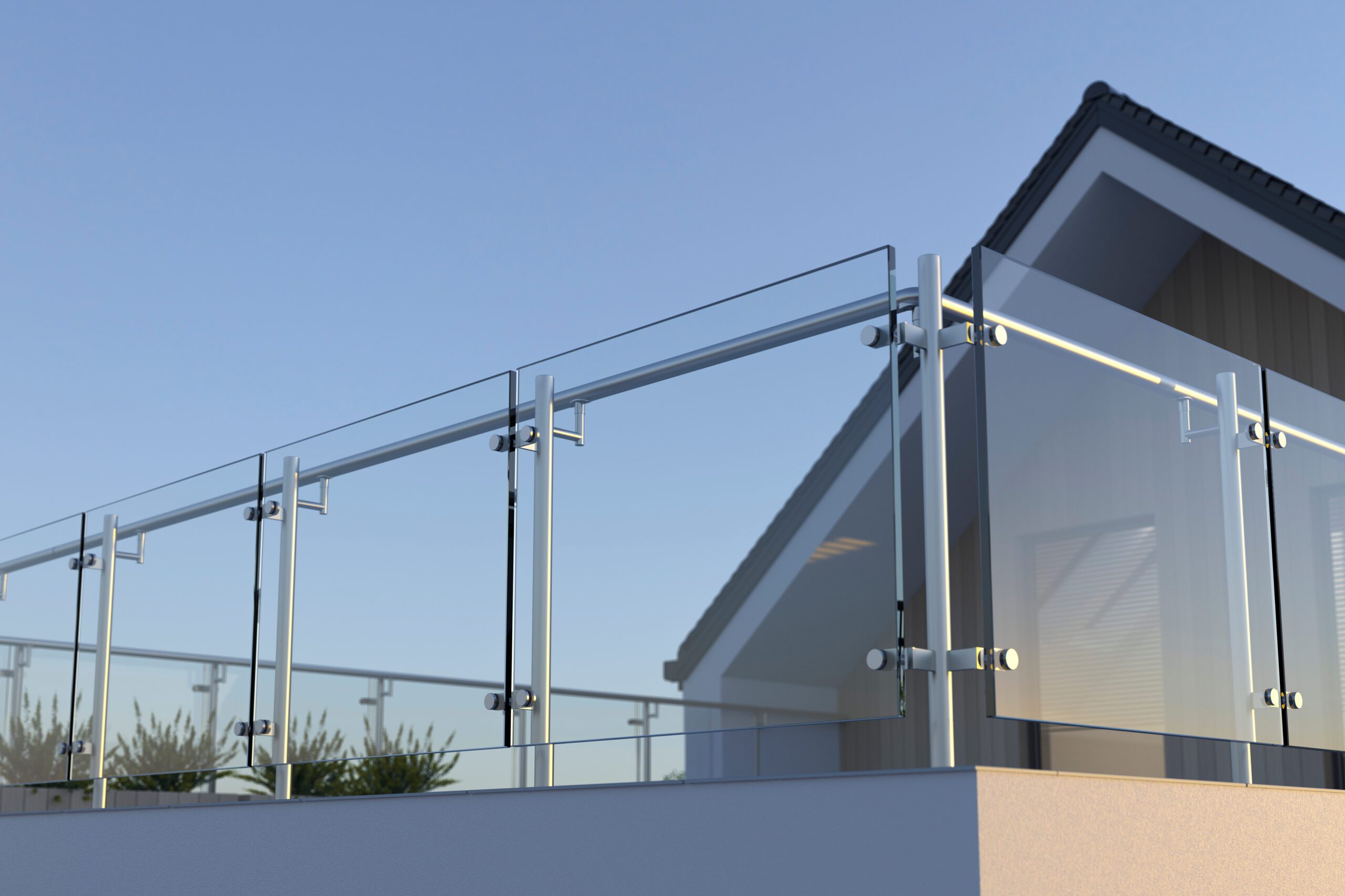 Rooftop balcony at dusk with glass railing
