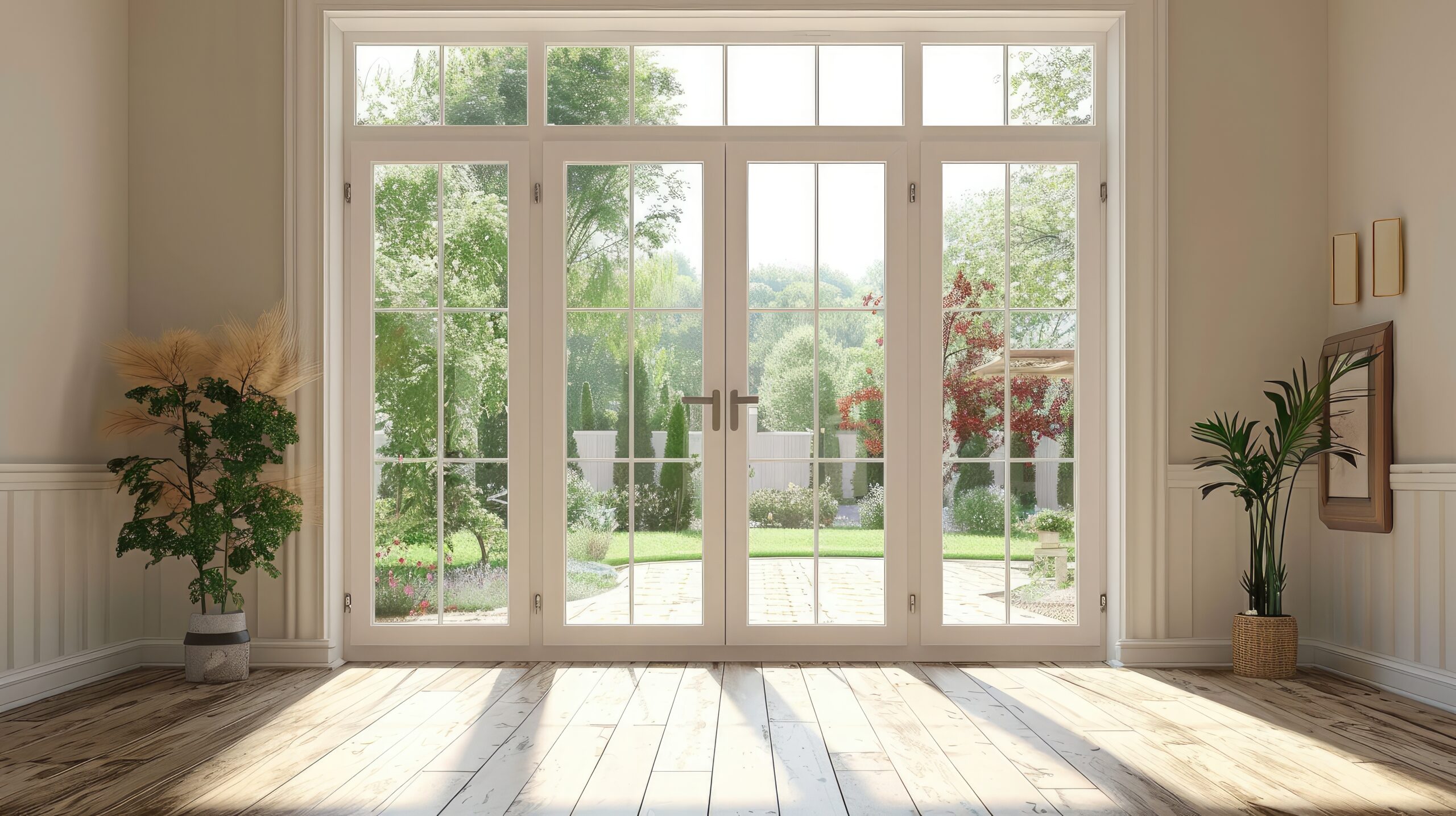 There is a white patio door with plants on either side.